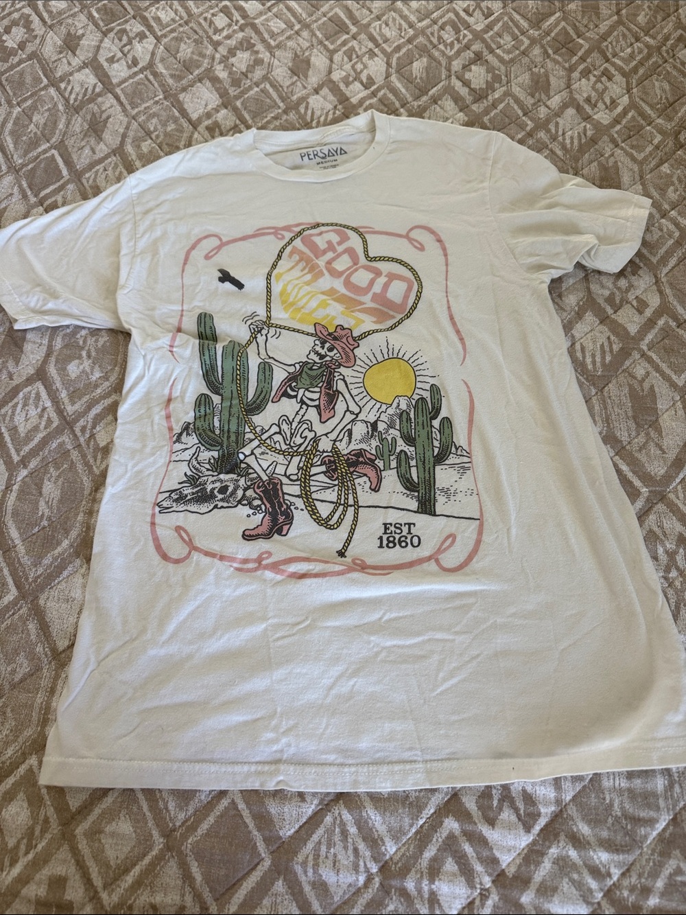 Persaya White Tee with Colorful Western Skeleton Graphic